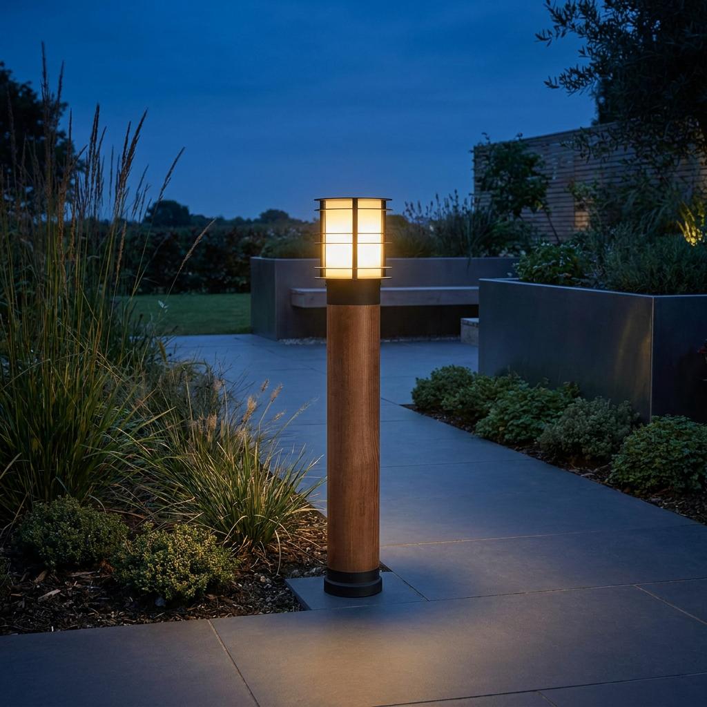 Large wooden bollard light with a black lantern top illuminating a modern patio walkway at dusk.