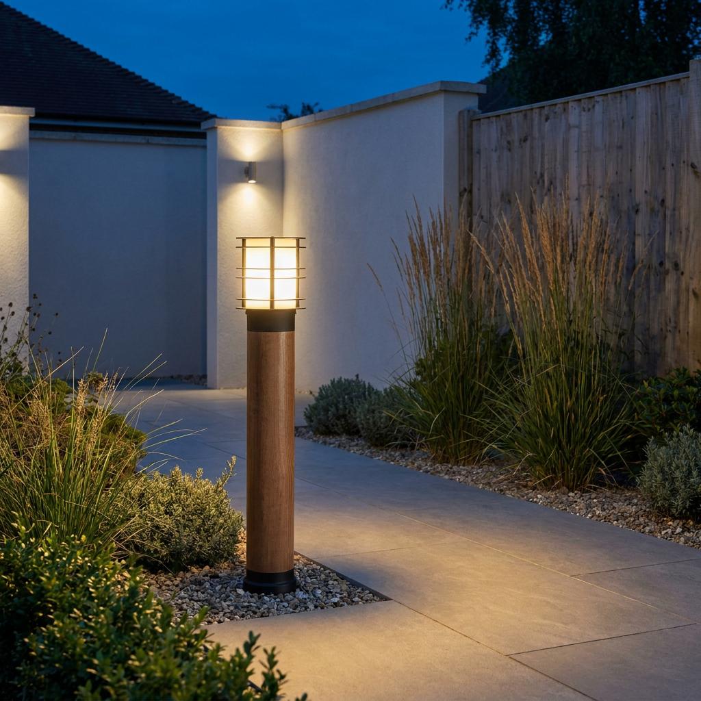 Elstead Stockholm Black And Scandanavian Wood Large Bollard Light ST/BOLSW L E27 B