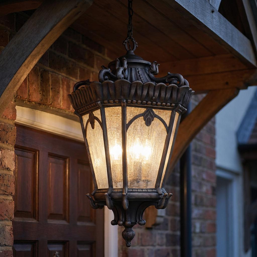 Ornate Londonderry finish outdoor pendant lantern with seeded glass hanging under a wooden porch overhang.