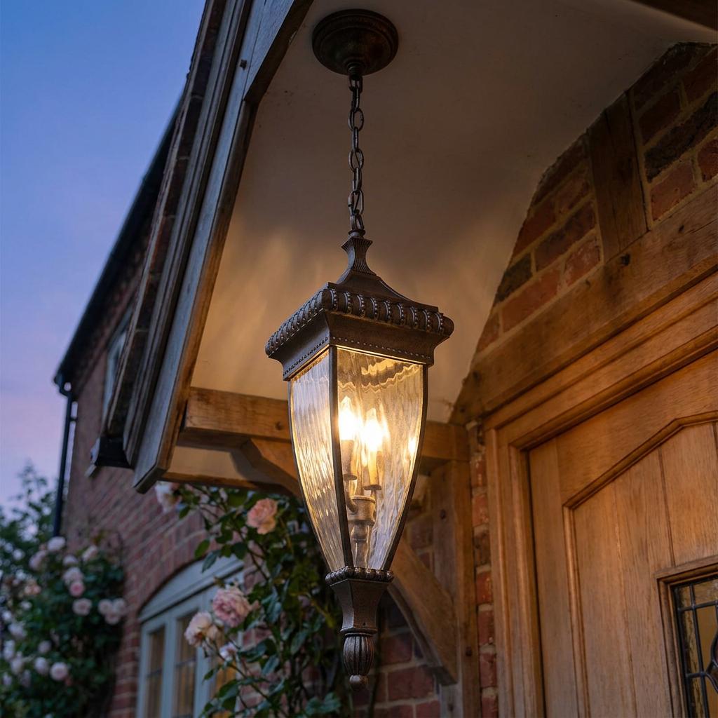 Brushed bronze outdoor pendant lantern with textured glass hanging from a porch outside a house at dusk.