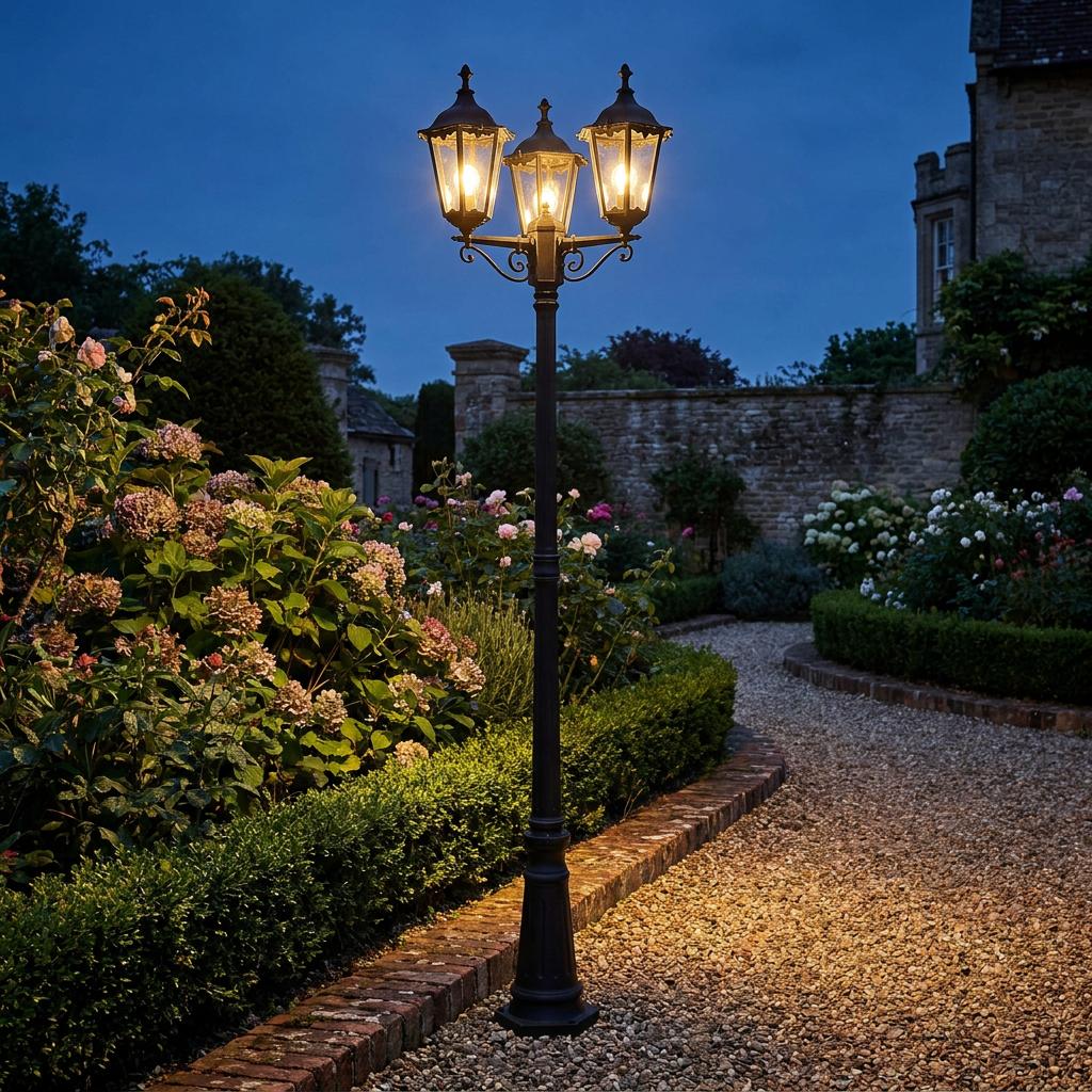 Traditional black 3-light lamppost illuminating a gravel garden path at dusk.