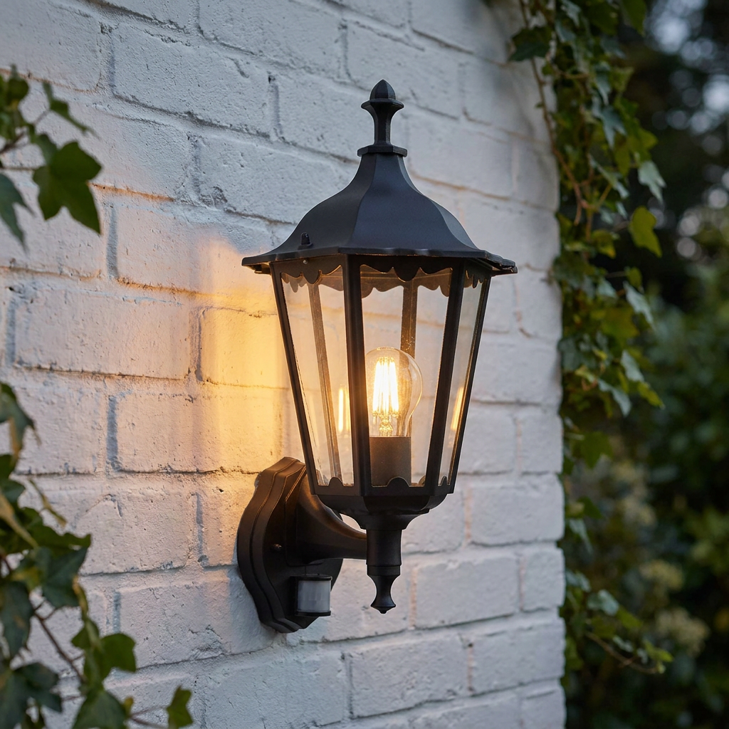 A traditional black lantern-style outdoor wall light with PIR sensor, mounted on a white brick wall and illuminated.