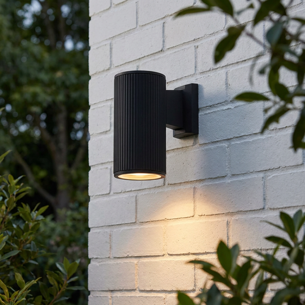 Black ribbed cylindrical outdoor wall light mounted on a white brick wall casting a warm downward glow.