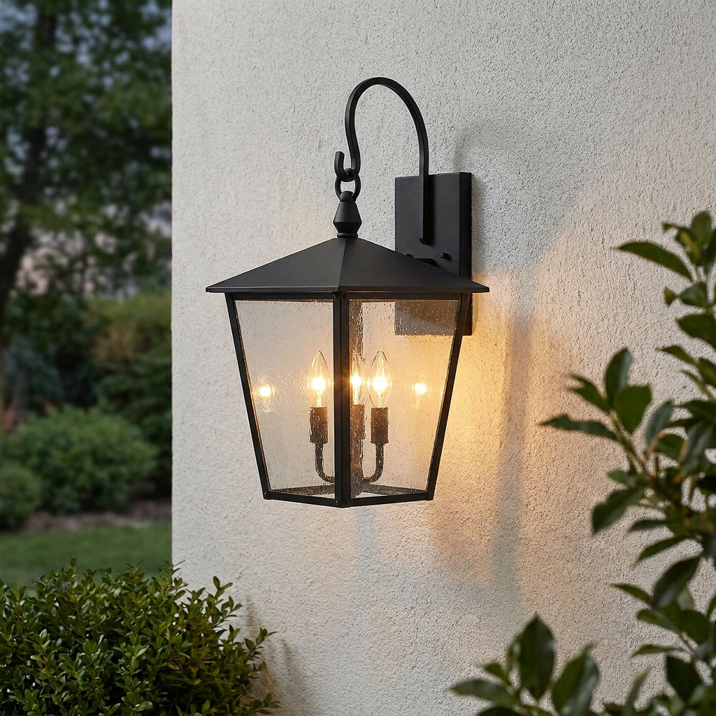 Black lantern-style outdoor wall light with three glowing bulbs and seeded glass mounted on a light-colored stucco wall.