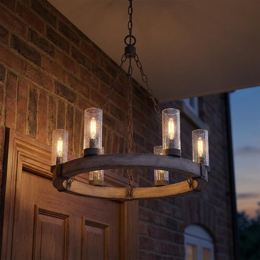 Rustic 6-light outdoor chandelier with seeded glass shades and a circular wood-finish frame on a brick porch.