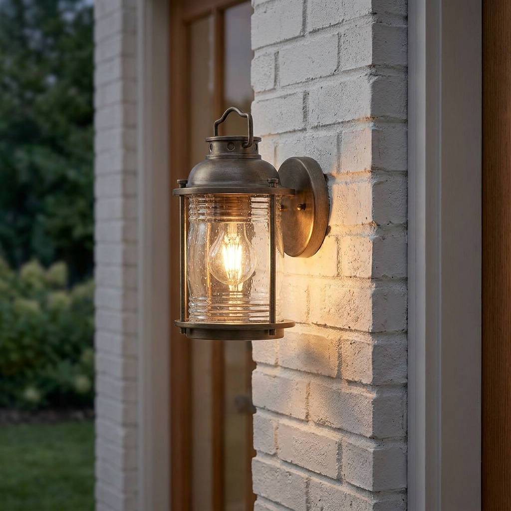 Kichler Ashland Bay bronze outdoor wall lantern with seedy glass and glowing bulb on a white brick wall.