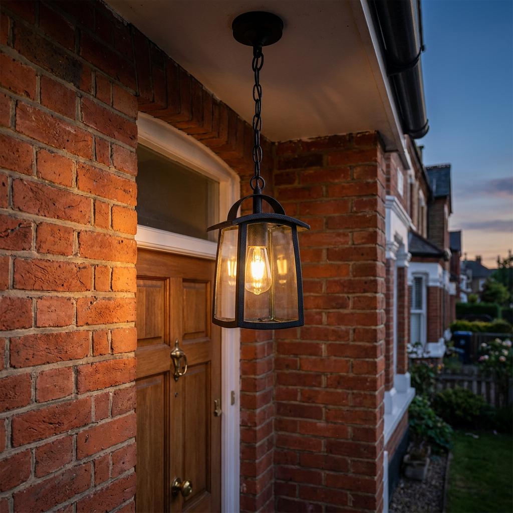 Black Lutec Kelsey outdoor pendant lantern with a warm glow hanging outside a brick house entrance at dusk.