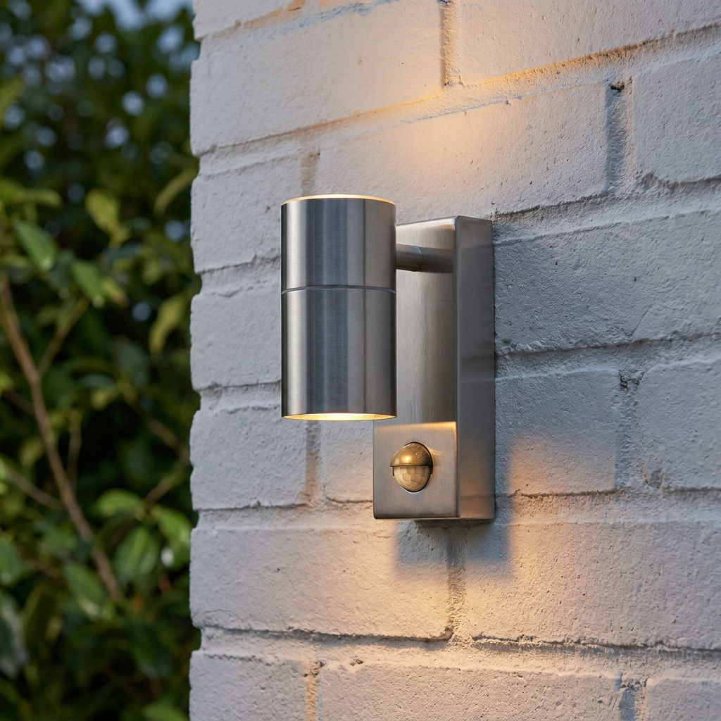 Metro LED stainless steel outdoor wall light with a PIR sensor, mounted on a white brick wall and illuminated.