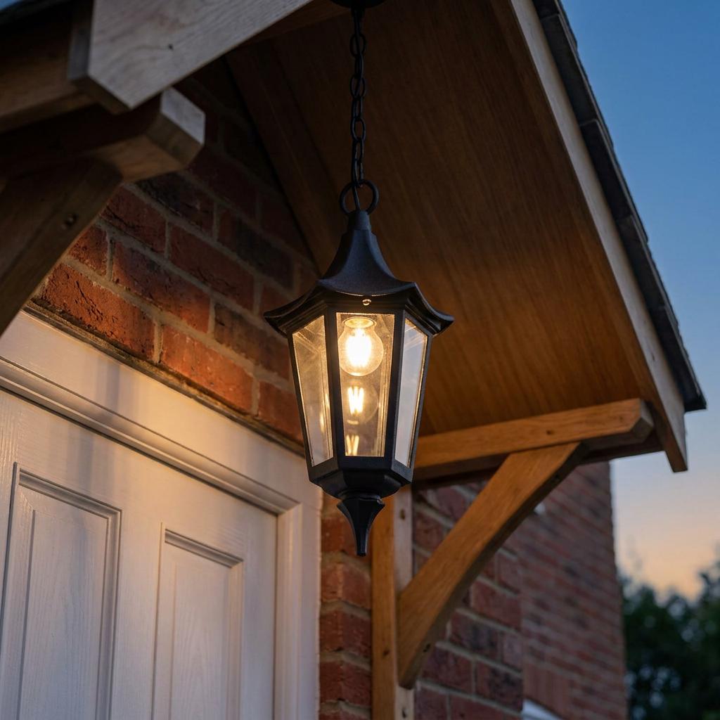 Black outdoor pendant lantern hanging from a wooden porch, illuminated against a brick wall at dusk.