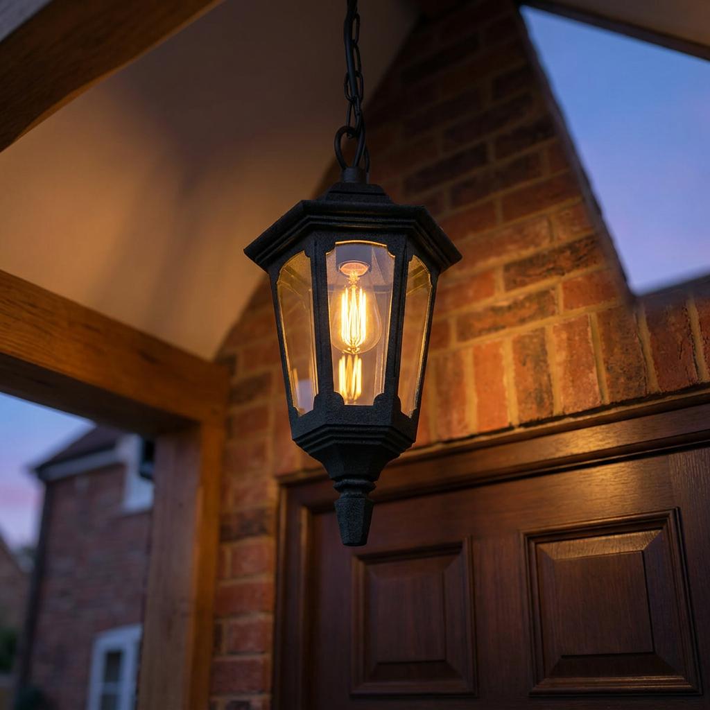 Parish black outdoor mini chain lantern hanging from a wooden beam under a porch at dusk with a warm glowing light.