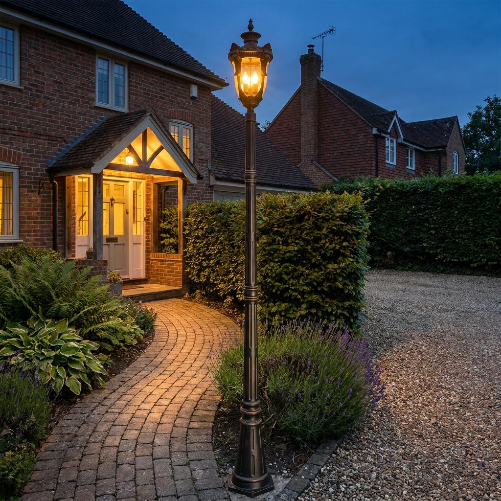 A tall bronze outdoor lamp post illuminates a cobblestone garden path leading to a brick house at dusk.