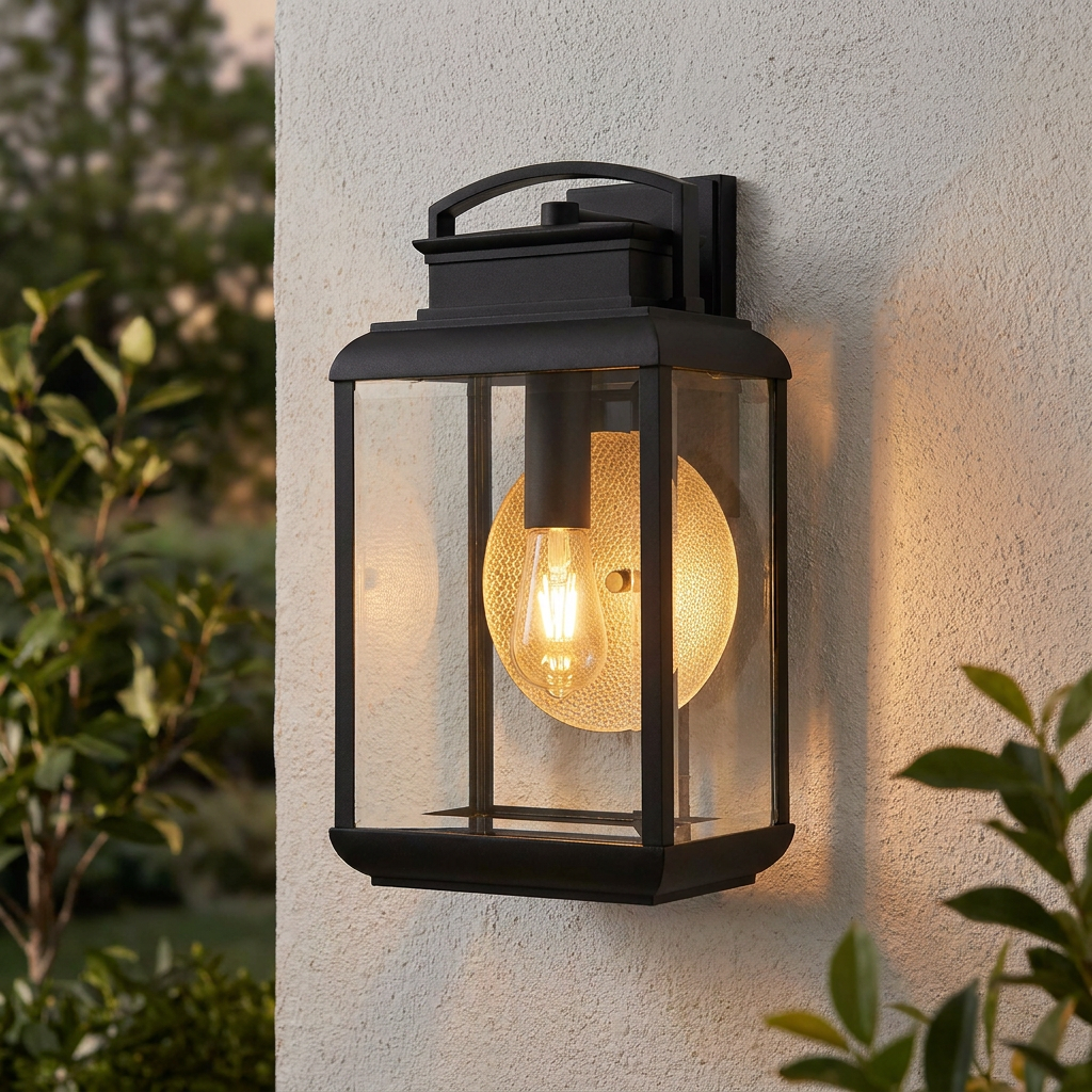 Modern black lantern outdoor wall light with a glowing textured backplate mounted on a white exterior wall.