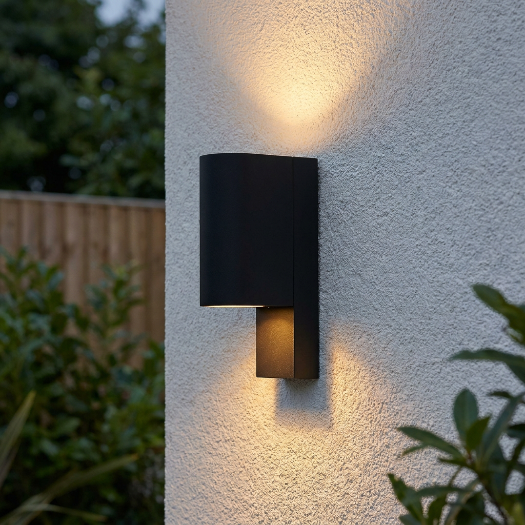 Modern black up and down wall light mounted on a textured white exterior wall, casting warm pools of light.