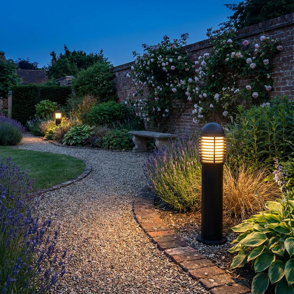 Matt black outdoor post light illuminating a gravel garden path at dusk beside a brick wall with roses.