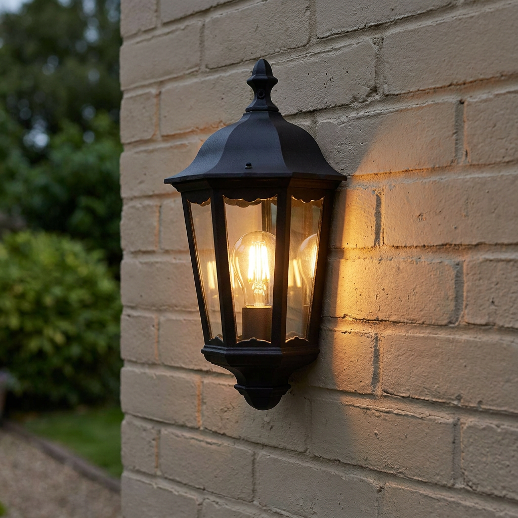 Traditional black half-lantern outdoor wall light illuminated on a beige brick wall.