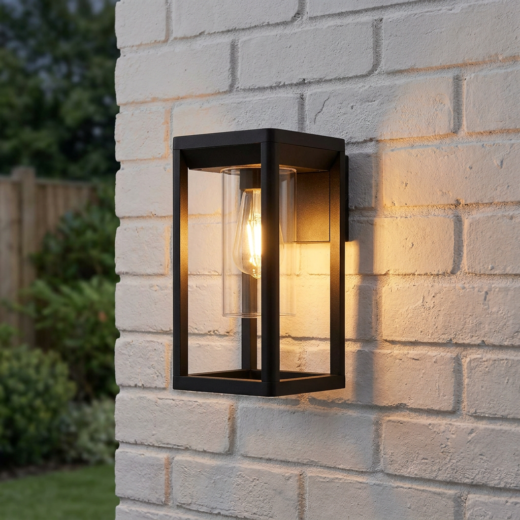 Black rectangular outdoor wall lantern with a glowing Edison bulb mounted on a white brick wall.