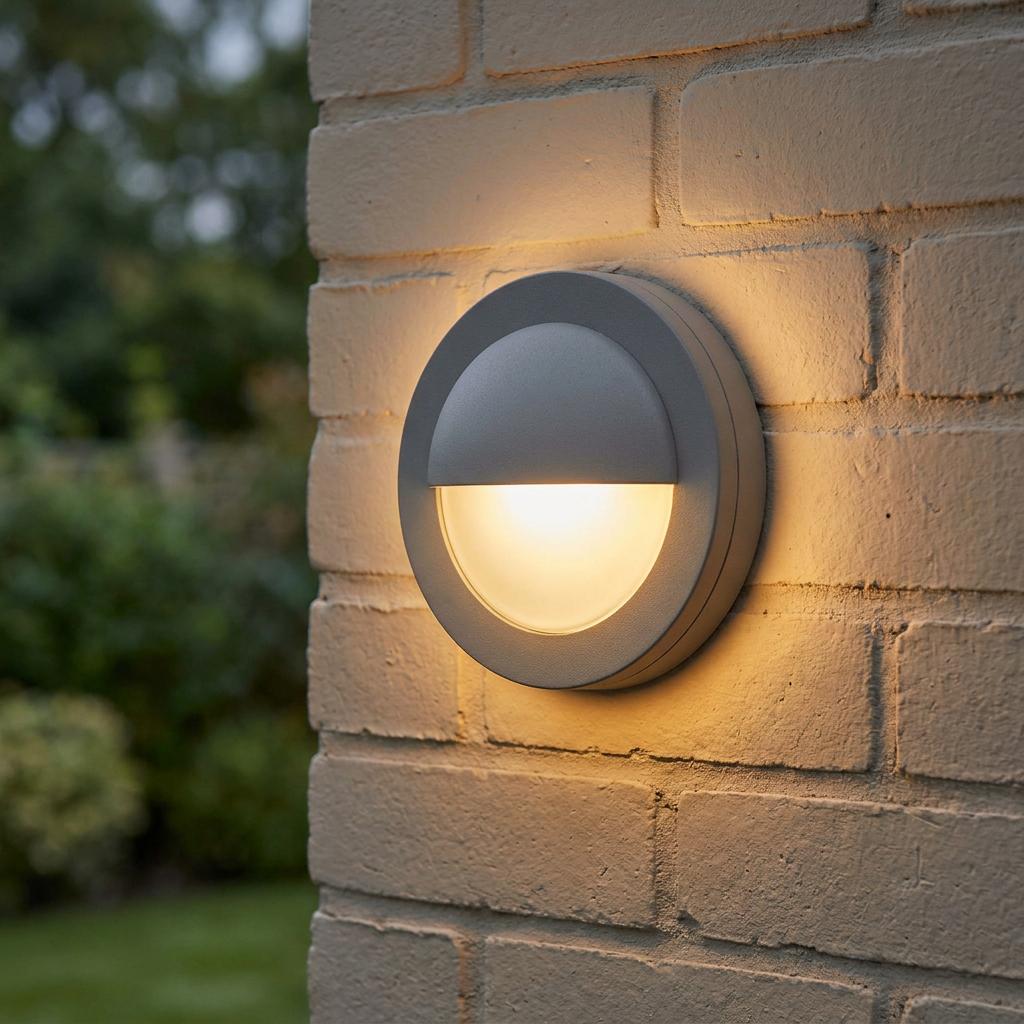 Round grey LED wall light with a warm glow, mounted on an exterior brick wall.