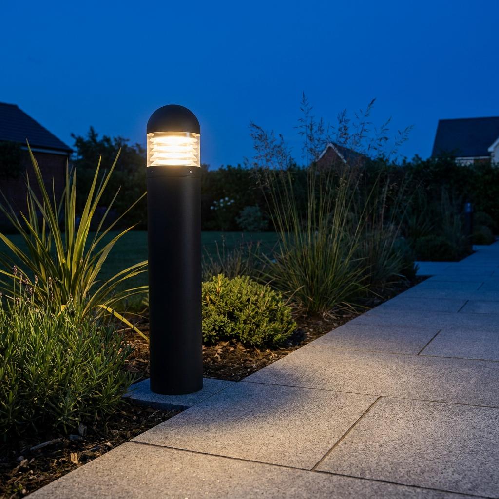 A lit black bollard light illuminating a stone garden path at twilight.
