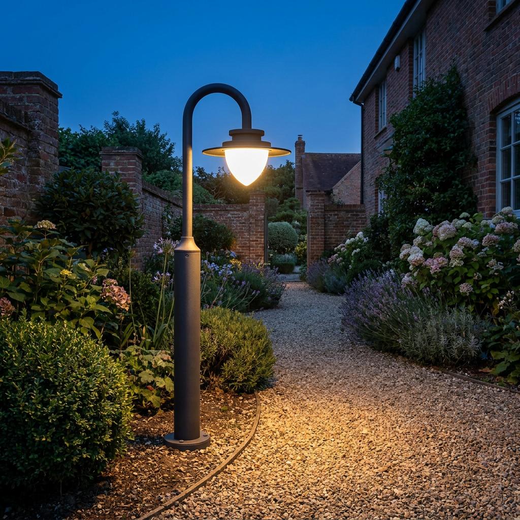 A graphite bollard light with a curved neck casts a warm glow over a gravel garden path at dusk.