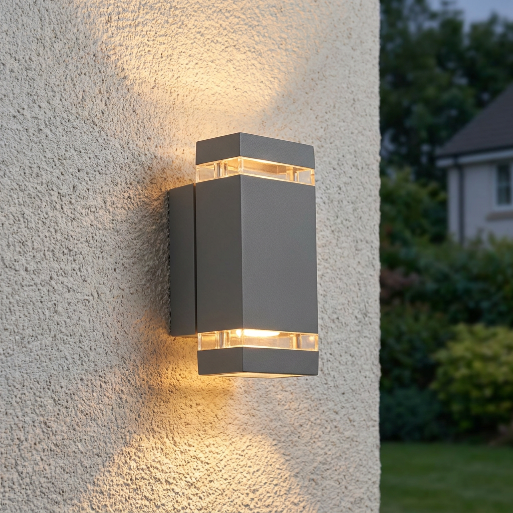 Modern grey rectangular up and down outdoor wall light glowing on a textured exterior wall.