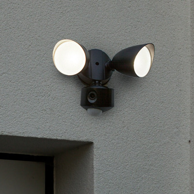 Lutec Draco Outdoor LED Twin Floodlight With PIR & Security Camera - Black 7622220012 fixed to an outside wall