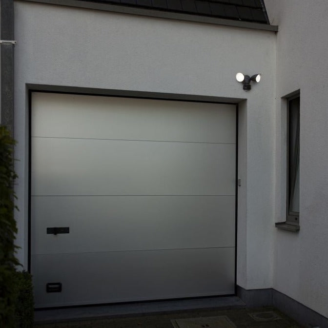 Lutec Draco Outdoor LED Twin Floodlight With PIR & Security Camera - Black 7622220012 - above garage