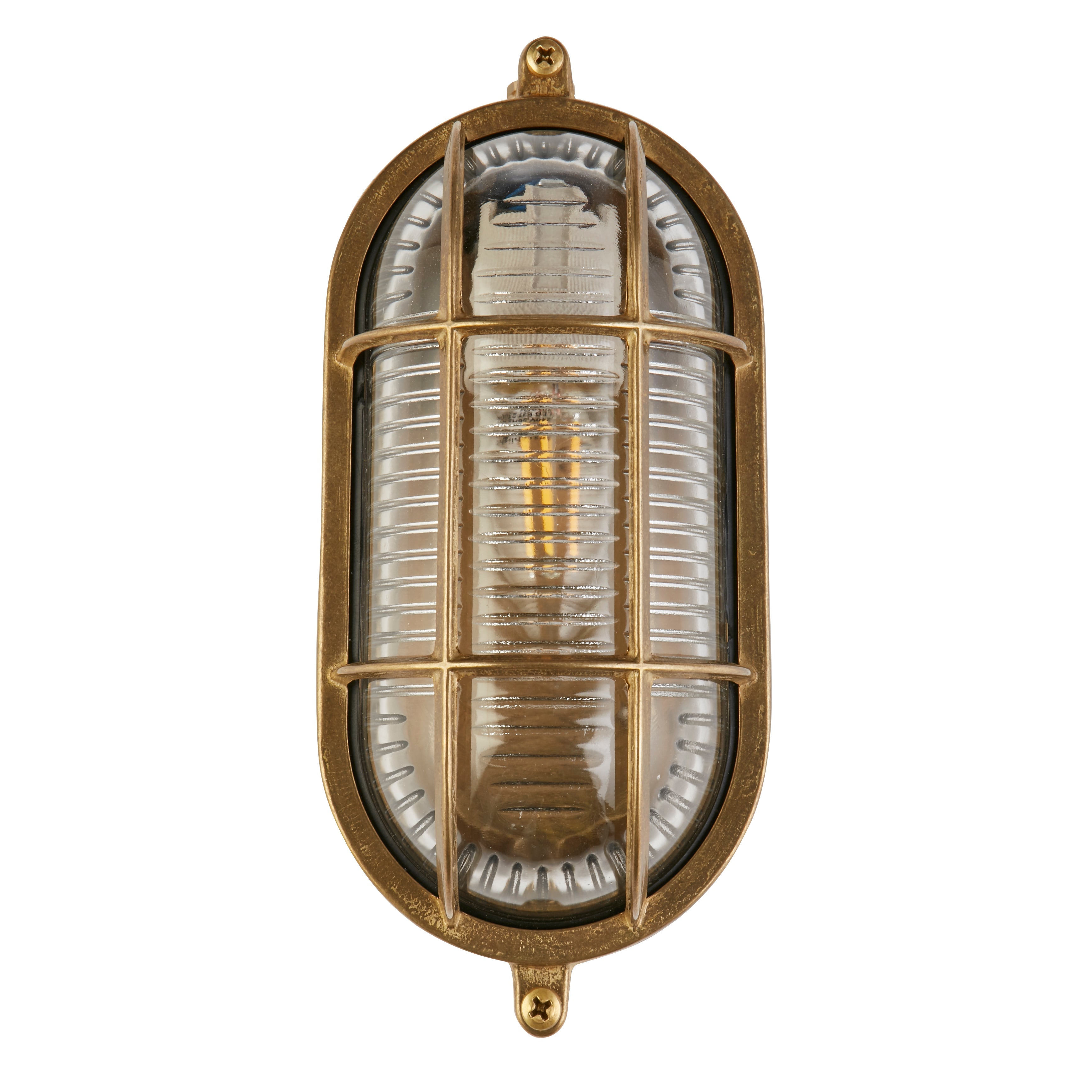 Searchlight Bulkhead Oval Solid Brass IP64 Outdoor Wall Light - Ribbed Glass