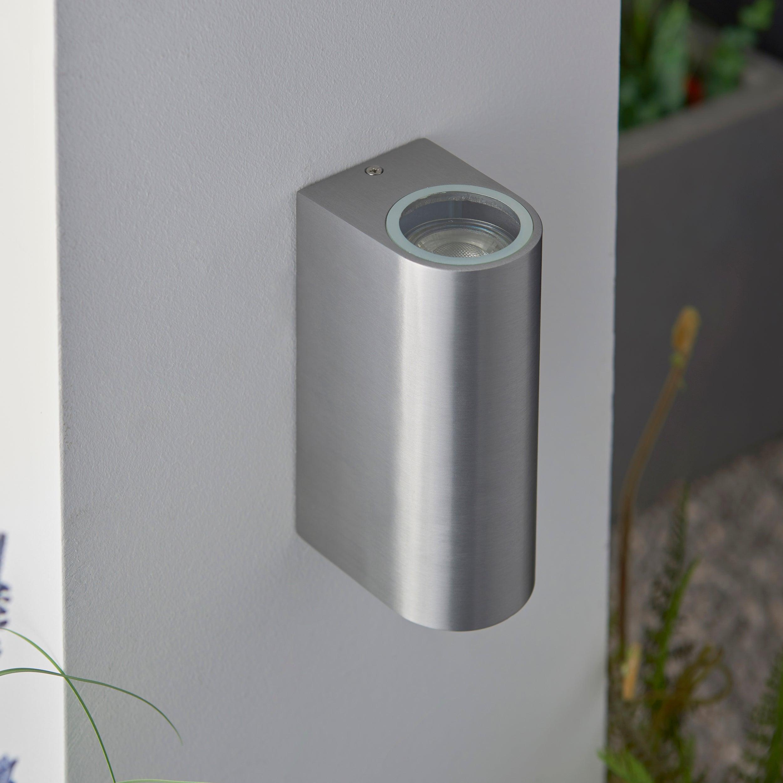 doron 2 light silver outdoor wall light ip44 35wby Saxby Lighting, close up image