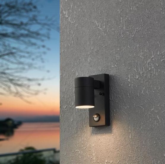 eglo riga 5 black ip44 down outdoor wall light pir