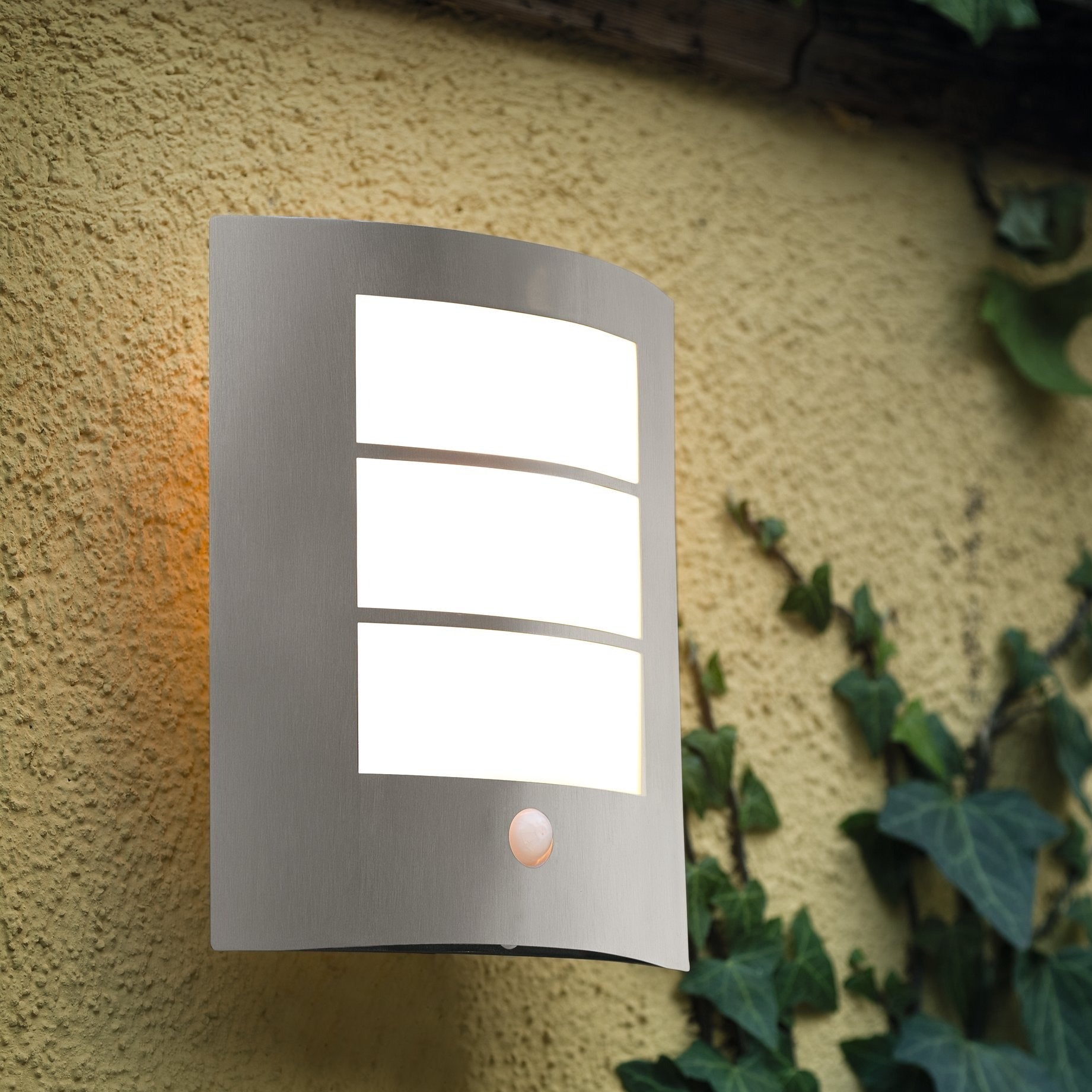 eglo city ip44 curved pir stainless steel outdoor wall light