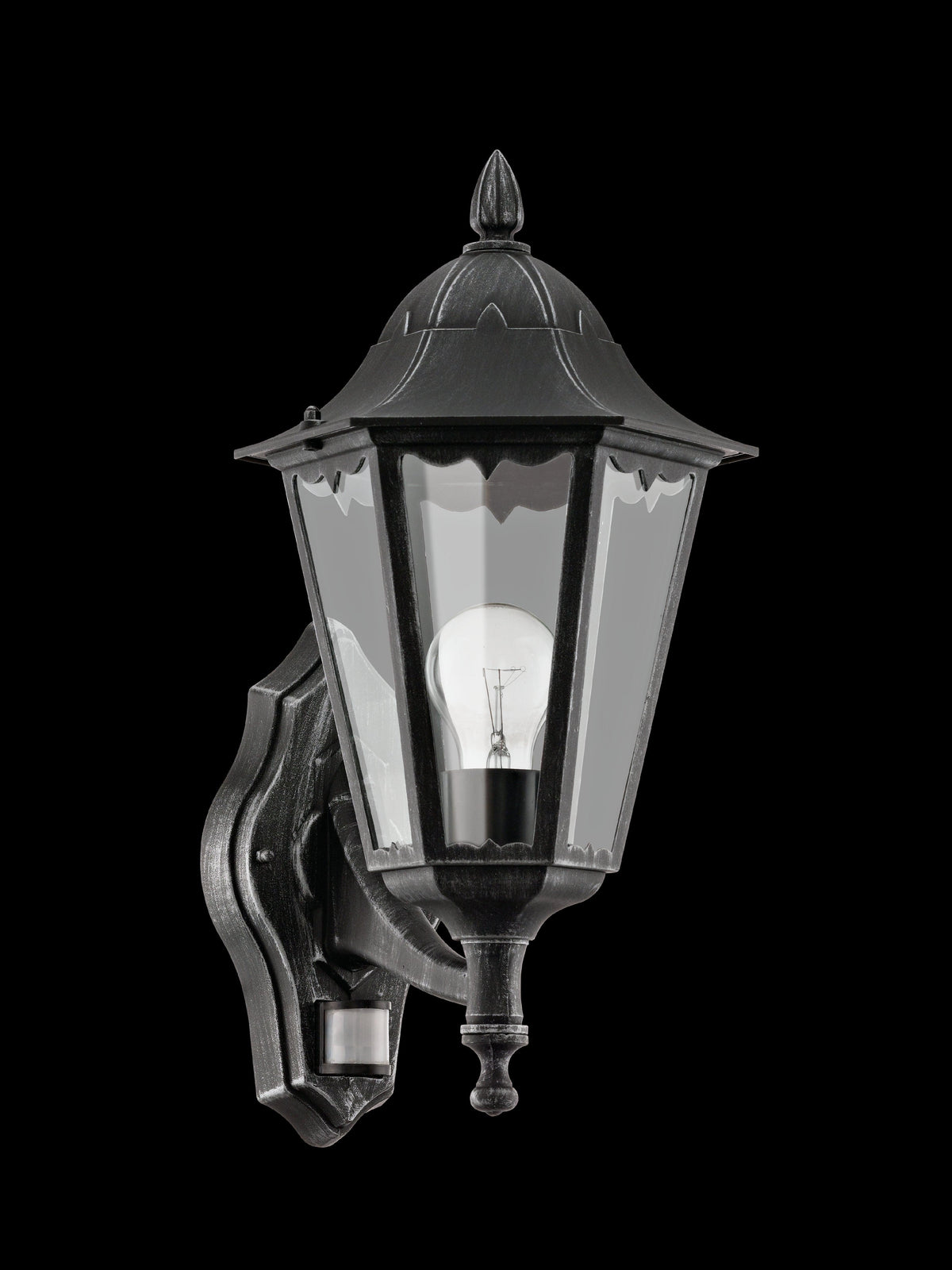 Eglo Navedo IP44 Black & Silver PIR Upright Lantern Wall Light-WAREHOUSE-40-200326
