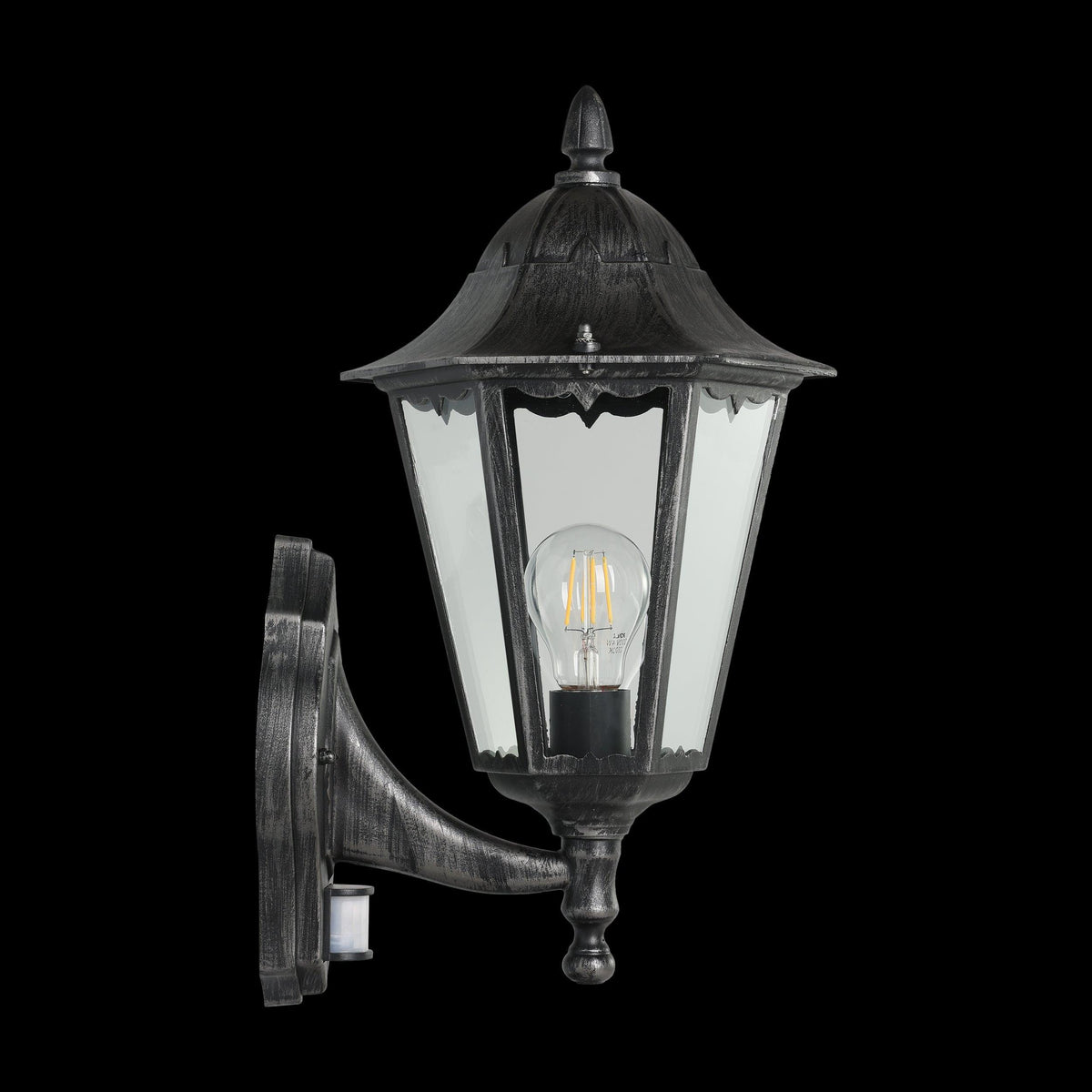 Eglo Navedo IP44 Black & Silver PIR Upright Lantern Wall Light-WAREHOUSE-40-200326