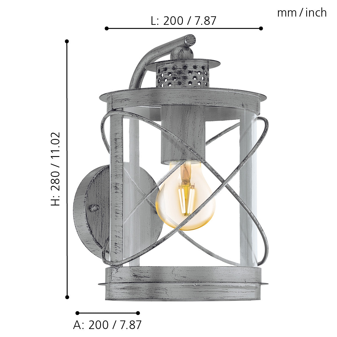 eglo hilburn 1 silver lantern style ip44 outdoor wall light living room close up