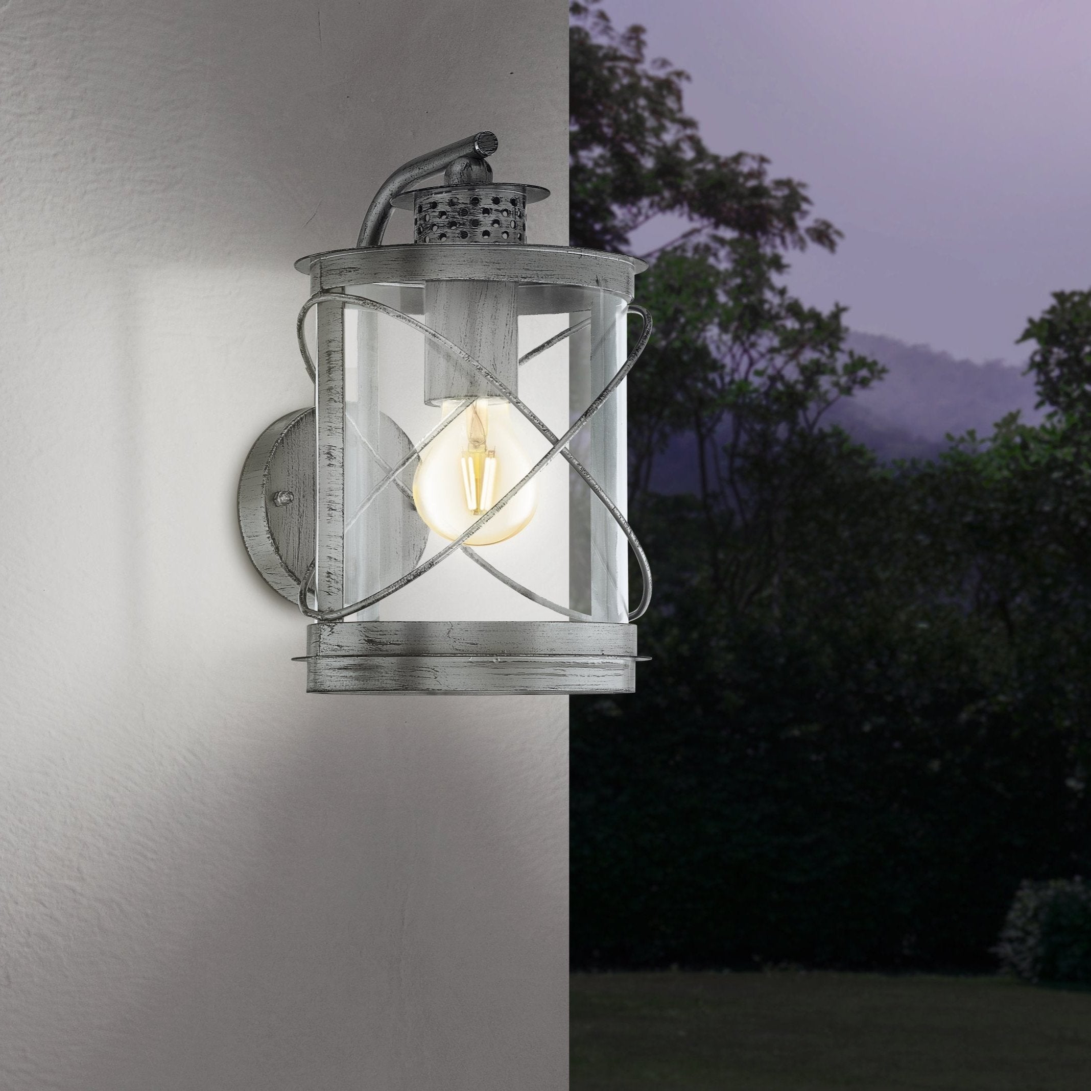 eglo hilburn 1 silver lantern style ip44 outdoor wall light