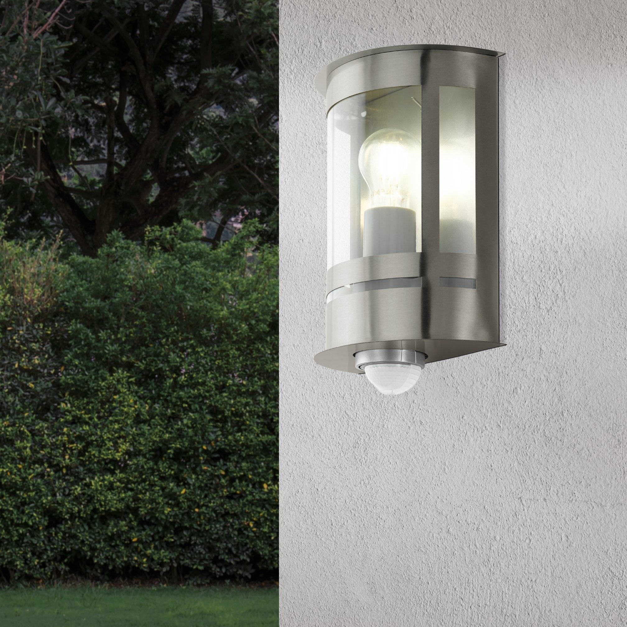 eglo tribano ip44 curved stainless steel pir outdoor wall light