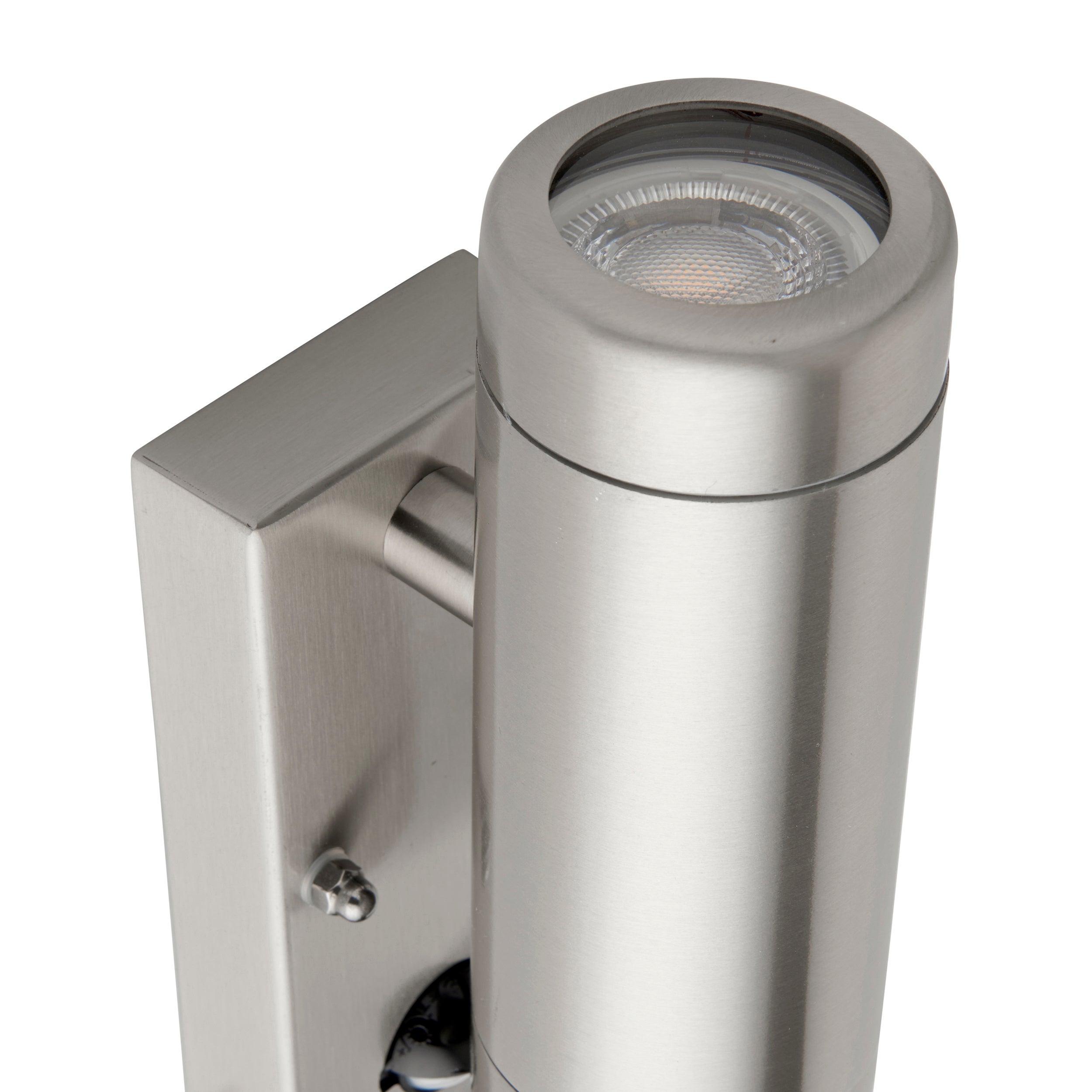 odyssey pir steel twin outdoor wall light ip44 7w by saxby lighting, close up image 93