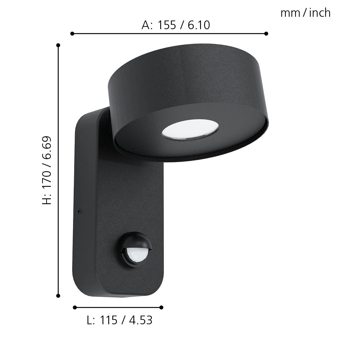 eglo palosco black led outdoor pir wall light ip45 living room close up