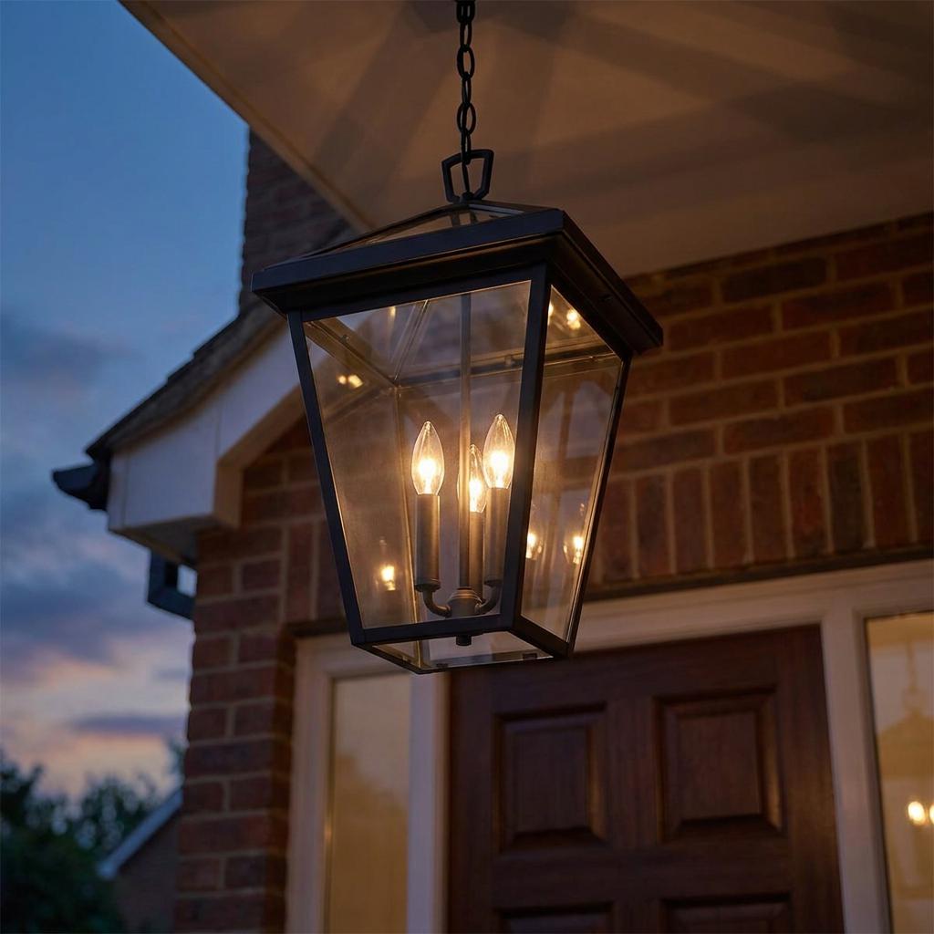 A black Alford Place 3-light chain lantern with glowing bulbs hangs from a porch ceiling against a brick wall at dusk.
