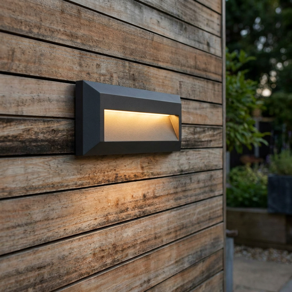 A rectangular dark grey LED slot wall light glowing warm light on a rustic wooden slatted wall outdoors.