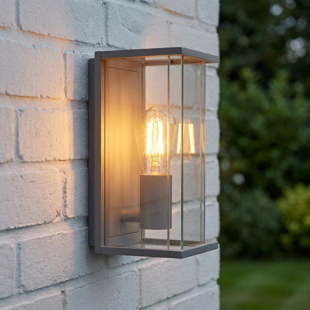 Grey rectangular boxed outdoor wall light with an illuminated filament bulb on a white brick wall.
