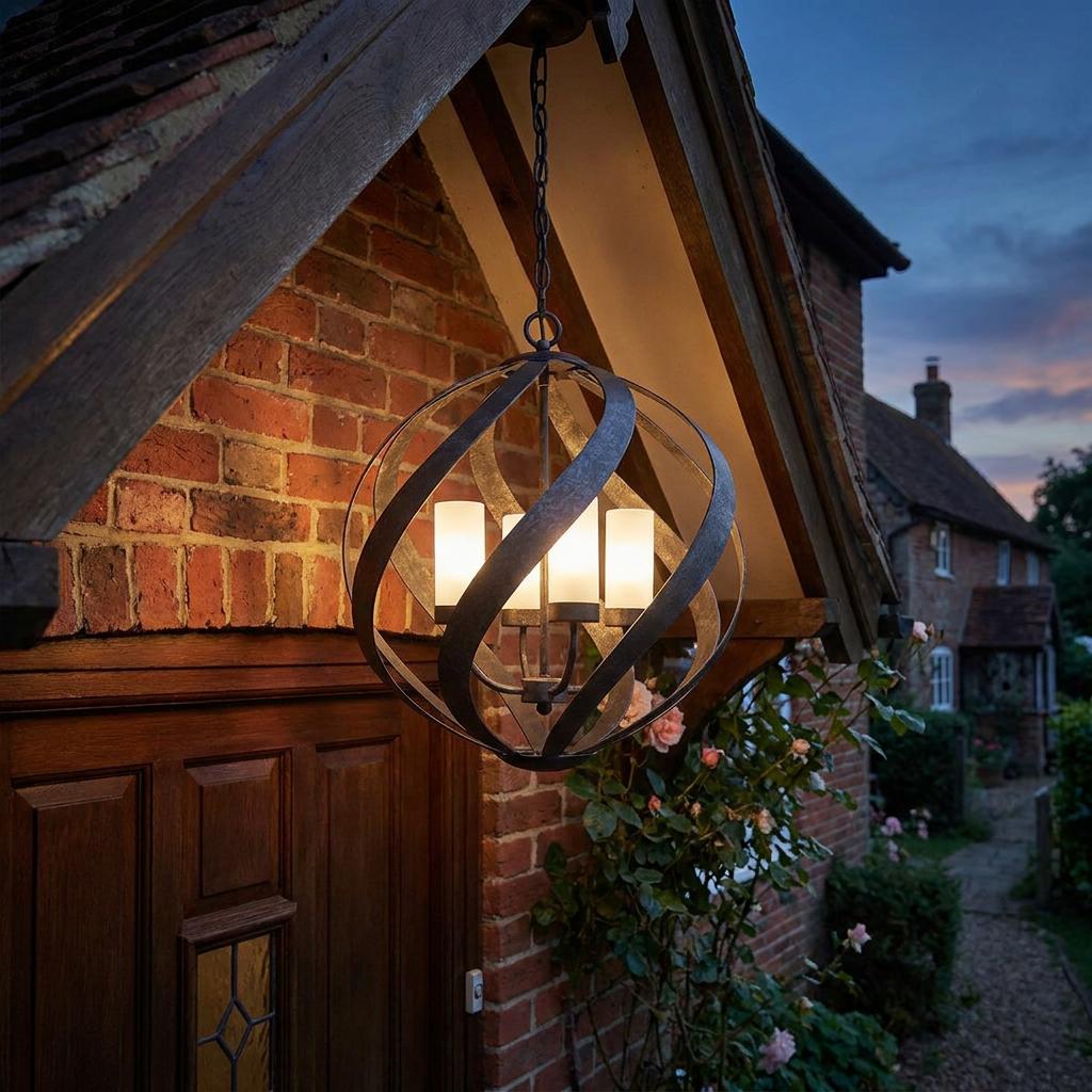 Orb-shaped blacksmith outdoor chandelier glowing on a brick cottage porch at twilight.