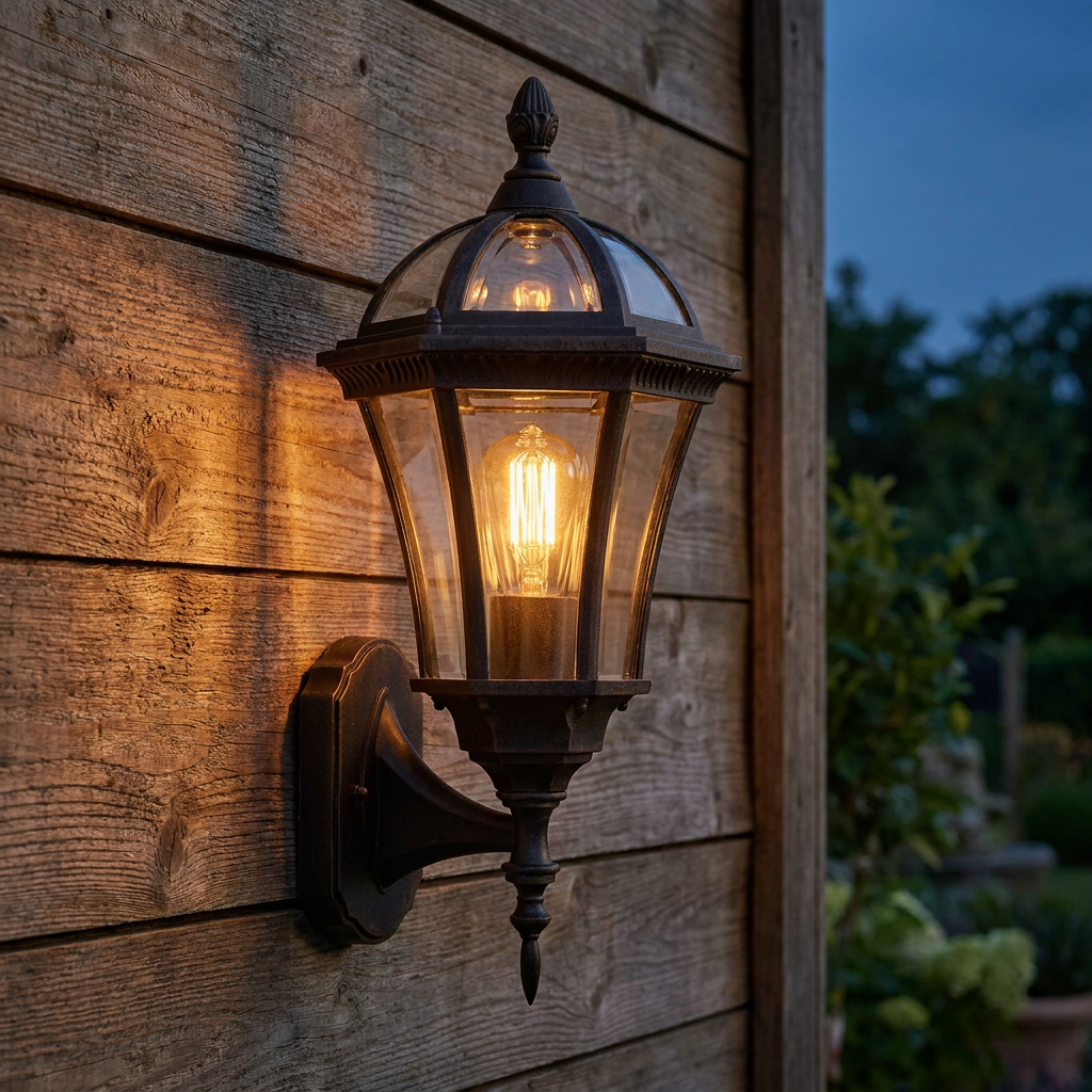 Rustic brown Capri outdoor lantern with a warm filament bulb glowing against a wooden wall at dusk.