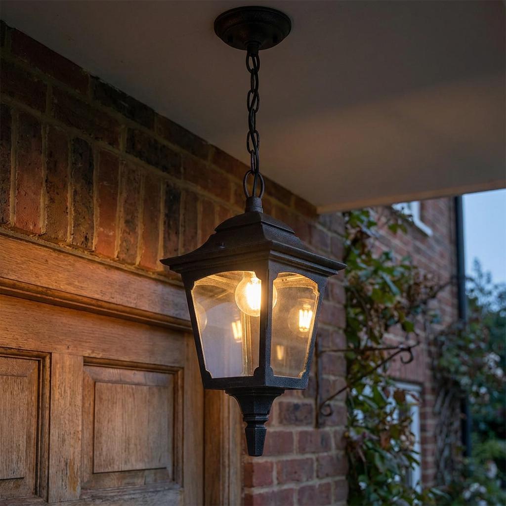Chapel 1 light mini chain outdoor lantern hanging under a porch ceiling beside a wooden door and brick wall.