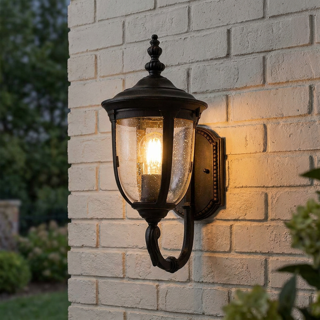 Traditional bronze outdoor wall lantern with seeded glass glowing on a light brick wall.