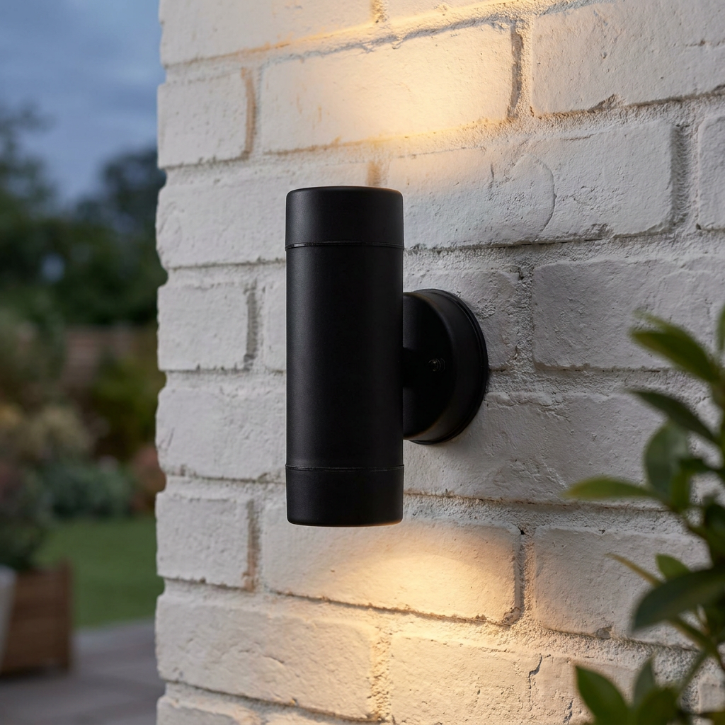 Black cylindrical up-and-down wall light casting warm light on a textured white brick wall.