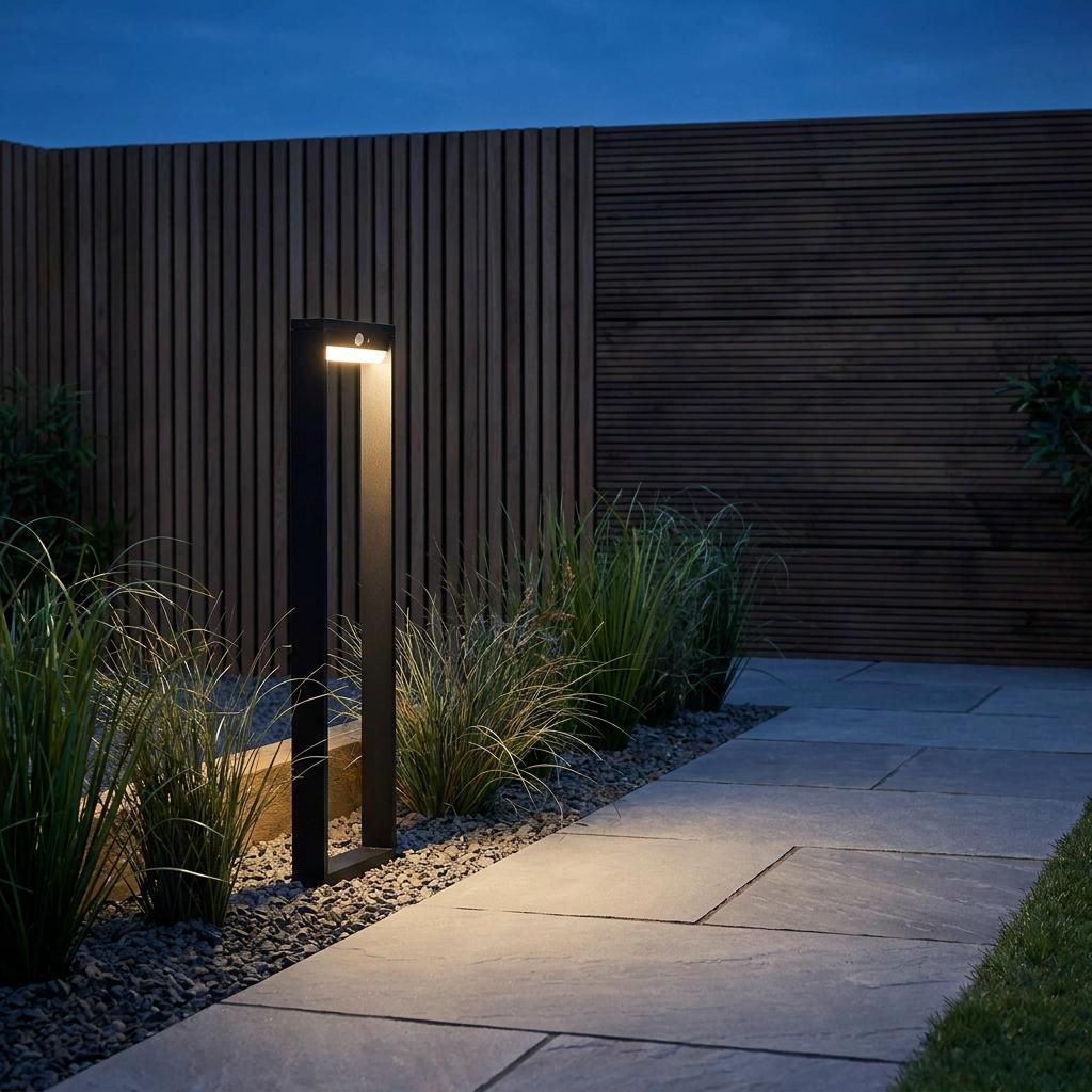 Modern black solar bollard light illuminating a stone garden path at dusk against a slatted wooden fence.