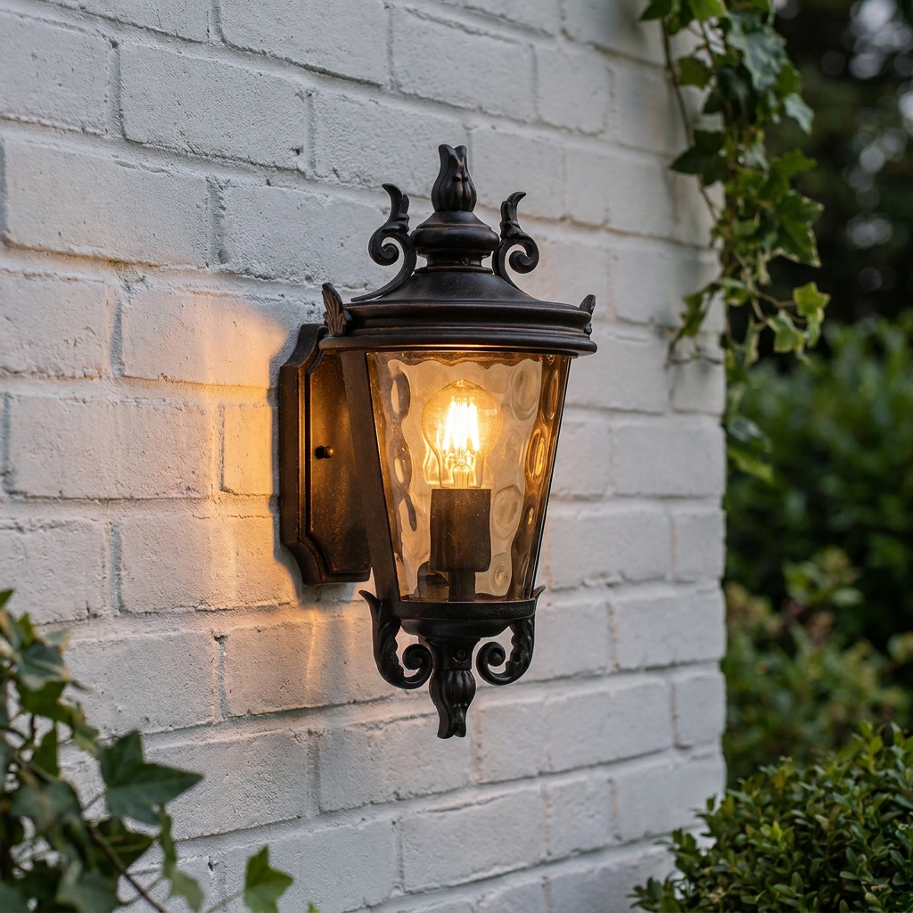 Traditional bronze outdoor wall lantern with scrolled details and water glass mounted on a white brick wall.
