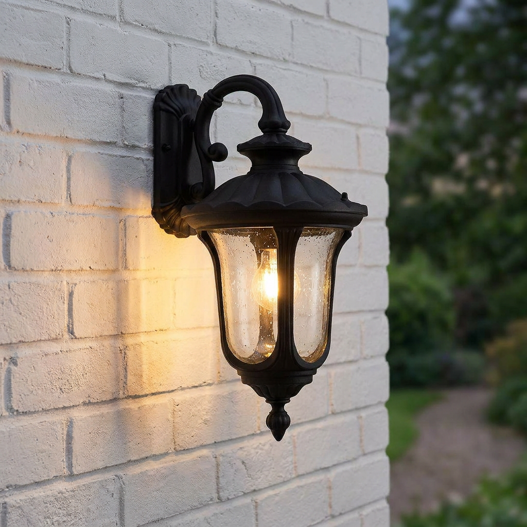 Traditional black outdoor wall lantern with seeded glass glowing on a white brick wall.