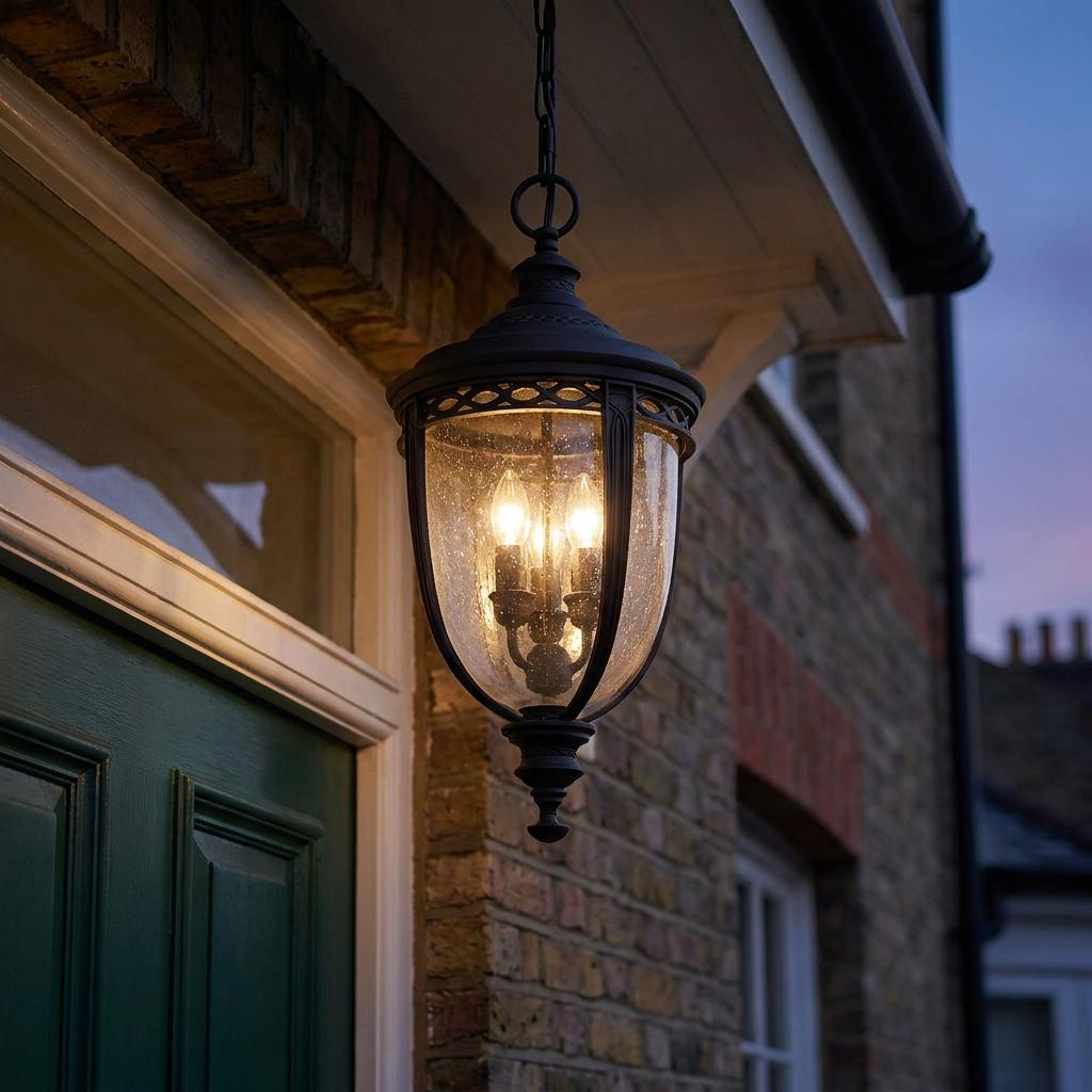 Ornate black outdoor pendant lantern with seeded glass and glowing bulbs hanging above a dark green door at dusk.