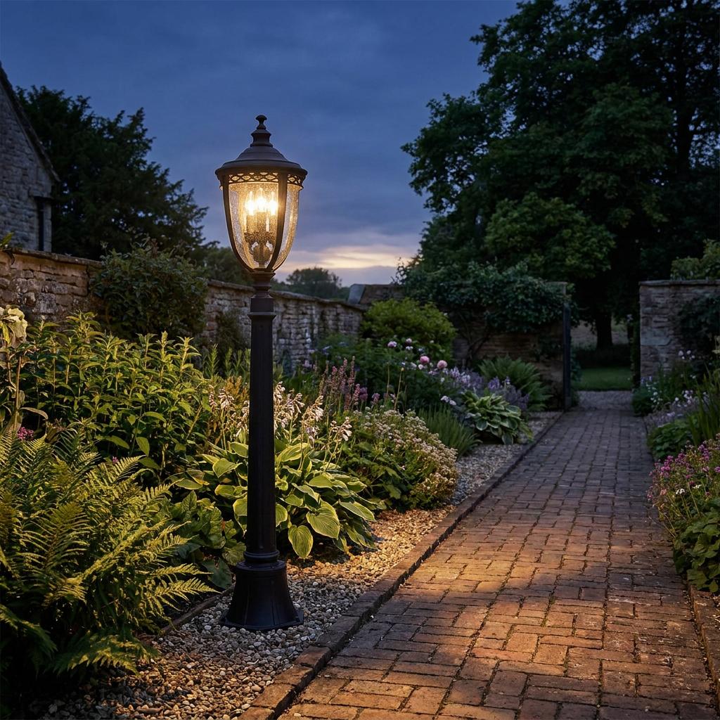 Black English Bridle bollard lantern illuminates a lush garden path and stone wall at dusk.